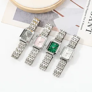 Set of elegant rectangular women's quartz watches with stainless steel bands in four colors.