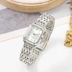 Elegant rectangular silver-tone quartz watch with a metal link bracelet for women