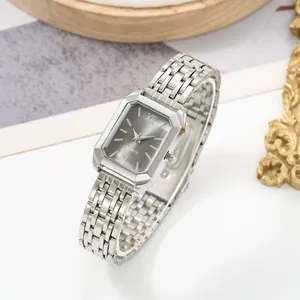 Elegant silver rectangular quartz watch for women with grey sunburst dial and steel band