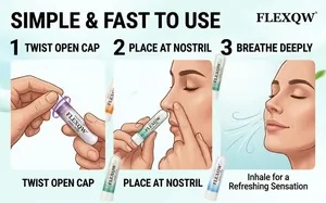 Step-by-step usage guide for FLEXQW refreshing nasal inhaler sticks in English.