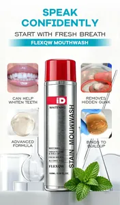 Vue détaillée du flacon de bain de bouche avec blanchiment et nettoyage en profondeur