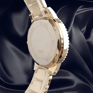 Detailed macro view of the gold-toned stainless steel back case of a retro casual ladies watch