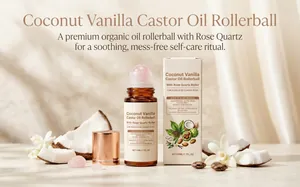 Primer plano de aceite de ricino de coco y vainilla con rodillo de cuarzo rosa y caja.