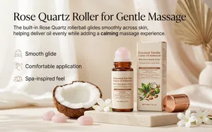 Detalle del roll-on de aceite de ricino coco vainilla con cuarzo rosa para masajes