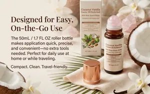 Primer plano del roll-on de aceite de ricino coco vainilla con cuarzo rosa natural