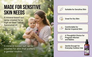 Detail view of beef tallow sun spray showing benefits for sensitive skin and babies