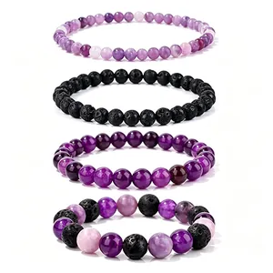 Set of four beaded bracelets featuring natural amethyst and black lava stone beads