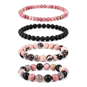 Set of 4 natural rhodonite and black lava stone healing crystal beaded stretch bracelets