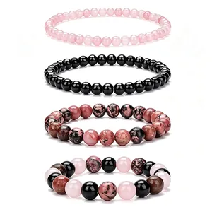 Natural stone beaded bracelet set including pink rose quartz and rhodonite for healing
