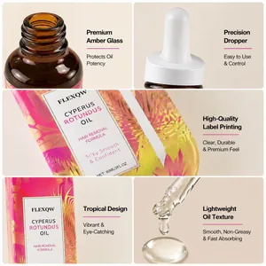 Close-up features of Cyperus Rotundus hair removal oil in amber glass bottle with dropper