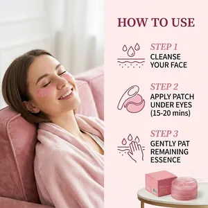 Pink caffeine collagen eye patches with step-by-step instructions for hydrating eye care.