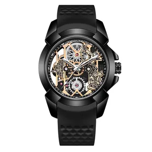 Montre de sport noire pour homme avec cadran évidé mécanique doré élégant et complexe