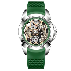 Montre à quartz squelette pour homme avec bracelet en silicone vert et grand boîtier argent