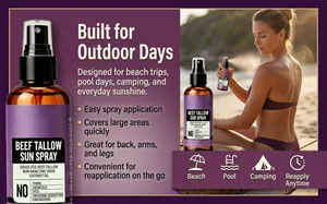 Detail view of beef tallow sun spray being applied by a woman on a sunny beach outdoors
