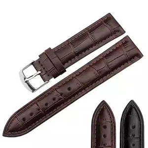 Bracelet de montre élégant en similicuir marron foncé avec motif crocodile et boucle argent