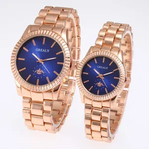 Couple's rose gold watch set with blue sunburst dial and steel straps