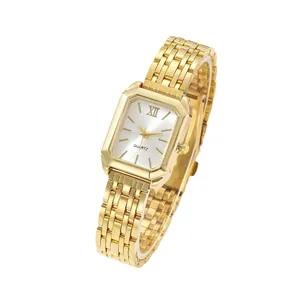 Elegant rectangular gold-tone quartz watch for women with a sleek metal link bracelet