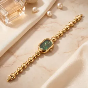 Vintage Gold Bead Chain Oval Watch Women Luxury Fashion Quartz Watch Niche Design Alloy Metal Ladies Jewelry Wristwatch