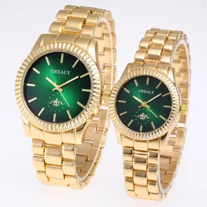 Detailed view of gold fashion couple quartz watches set featuring sunburst green dials