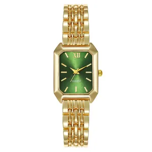 Elegant women's rectangular gold quartz watch with sunray green dial and metal link strap