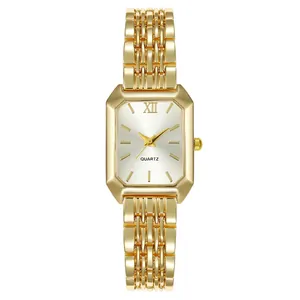 Elegant gold rectangular quartz watch for women with premium stainless steel link strap