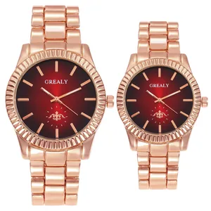 Elegant couple's rose gold watch set with dark red gradient dial and stainless steel band