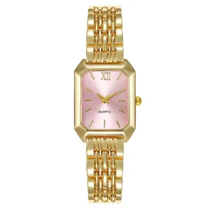 Elegant gold rectangular quartz watch for women featuring pink sunray dial and steel strap