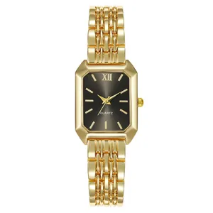 Elegant women's rectangular quartz watch in gold finish with a black sunburst dial