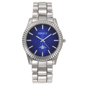 Detail shot of a stylish silver steel strap quartz watch with a blue dial