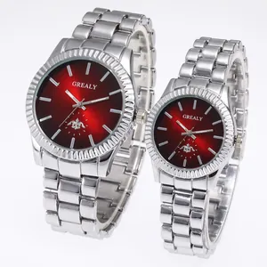 Elegant couple watch set with red sunburst dials and silver stainless steel bands