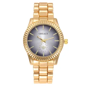 Luxury gold stainless steel quartz watch with a stylish grey gradient dial for men and women