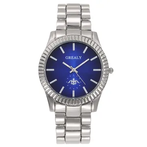 Silver steel band quartz watch with navy blue sunray dial and fluted bezel design.
