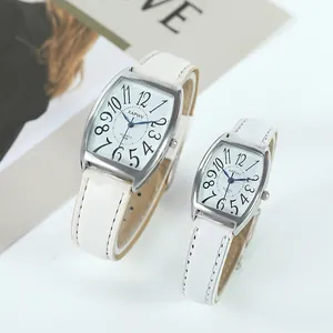 Elegant couple wristwatches with white leather strap and tonneau silver case quartz