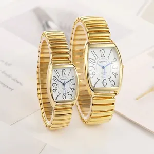 Elegante goldfarbene XAPWV-Quarzuhren für Paare mit großen Ziffern und flexiblen Dehnbändern