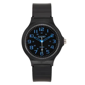 Wasserdichte Quarz-Armbanduhr mit schwarzem Silikonarmband und blauen Ziffern für Schüler