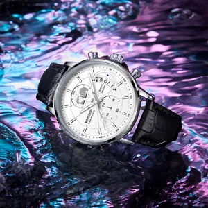 Macro detail view of Kimsdun waterproof quartz men's watch on colorful water ripples