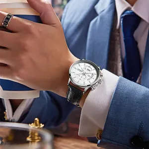 Detail of KIMSDUN men's multi-function quartz watch with white dial and black leather strap