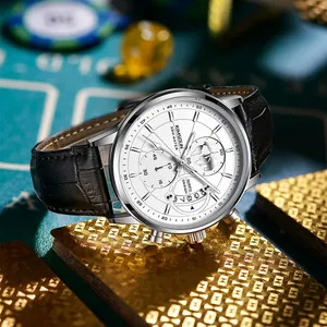 Close-up of KIMSDUN men's multi-functional waterproof quartz watch with leather strap.