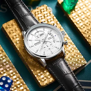 Detail view of KIMSOUN men's multi-function quartz watch with leather strap