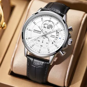 KIMSDUN Men Quartz Watch Multifunctional Luminous Calendar Water Resistant Metal Case Leather Strap Business Fashion Wrist Watch