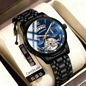 Vue détaillée d'une montre tourbillon squelette pour homme étanche avec un cadran bleu élégant