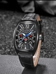 Close-up of KIMSDUN tonneau-shaped watch with black leather strap and luminous dial.