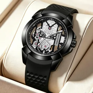 JEMSDUN Men's Skeleton Quartz Watch Large Dial Sport Silicone Strap Luminous 30M Waterproof Wristwatch Mechanical Style