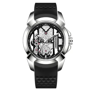 Professional men's skeleton quartz wristwatch with silver case and black textured rubber strap