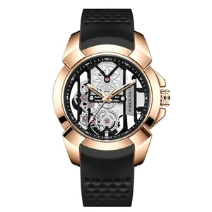 Men's stylish skeleton quartz watch with large rose gold case and black silicone strap