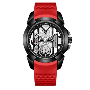 Luxury skeleton quartz men's watch with large black dial and red honeycomb strap