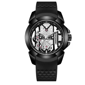 Stylish men's skeleton quartz watch featuring a black silicone strap and a large dial