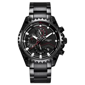 Montre à quartz de sport Kimsdun pour hommes avec bracelet en acier noir et chronographe