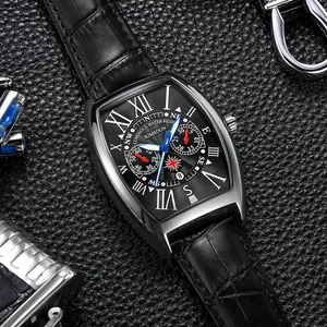 Men's Fashion Quartz Watch Barrel-Shaped Case Leather Strap Roman Numerals Luminous Water Resistant Calendar Business Wristwatch