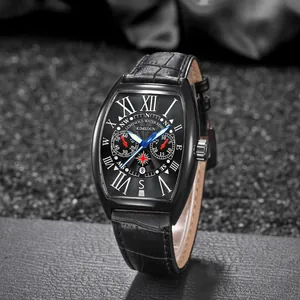 Luxury Kimsdun fashion tonneau quartz watch for men featuring black leather strap and dial